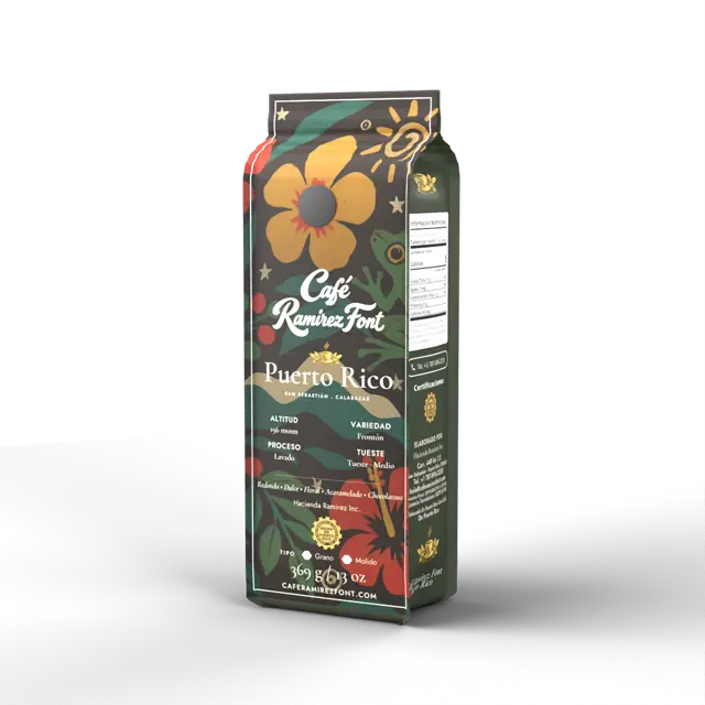 Café Ramírez Font Frontón coffee pouch designed by Cafentity Studio, rotating 360 view